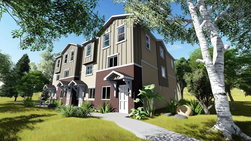 A detailed 3D architectural render of a modern multi-family residential building with brown siding and brick accents, illustrating ILCC's development planning services.