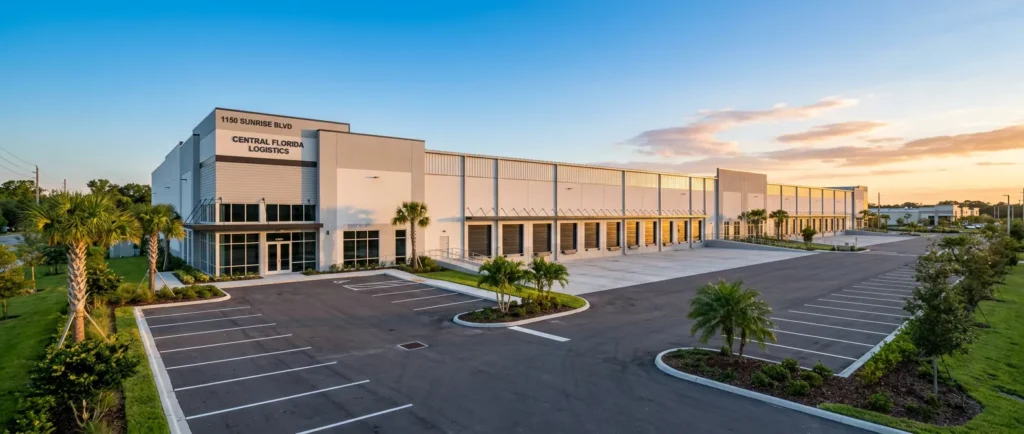 Exterior view of a large, modern logistics and warehouse facility in Central Florida, an example of commercial real estate consulting and repositioning by ILCC.