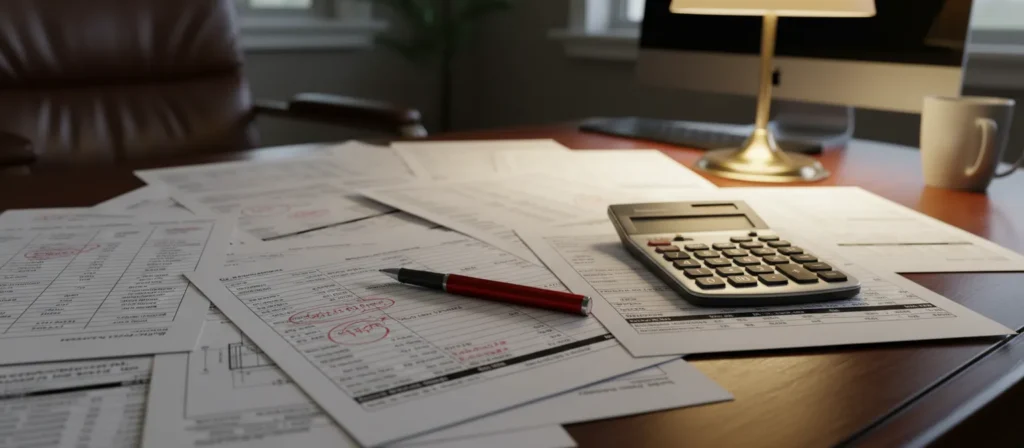 Close-up of a cluttered desk with a calculator, pen, and construction budget documents marked with red ink, illustrating the financial risks and budget overruns managed by ILCC's development oversight.