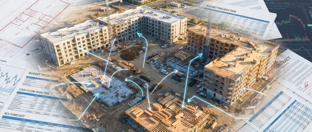 Conceptual overlay of a multifamily construction site with financial data points including ROI forecast, cash flow analysis, and budget projections, showcasing ILCC's Feasibility-First Framework.