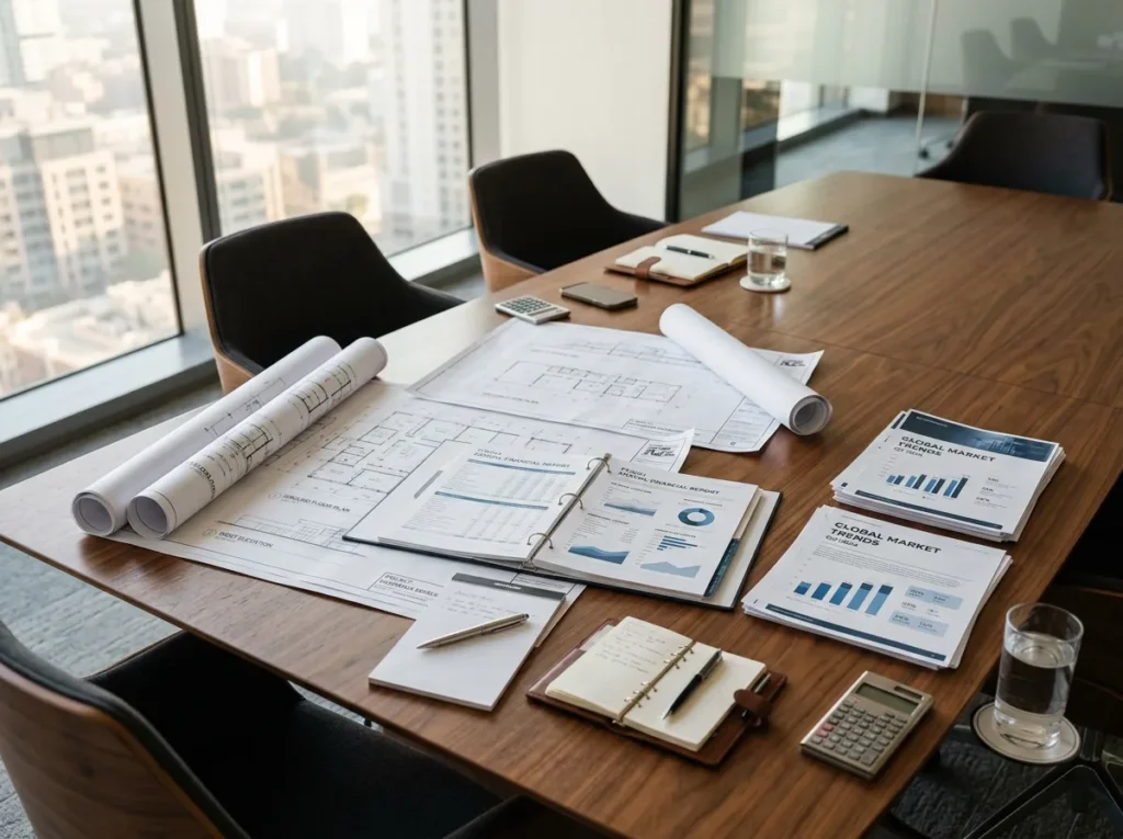 Professional architectural blueprints, financial pro formas, and market trend reports spread across a modern conference table, representing ILCC’s integrated real estate consulting approach.