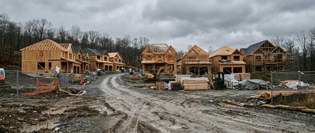 A residential construction site with multiple homes in framing stages under an overcast sky, illustrating the importance of risk management in real estate development cycles.
